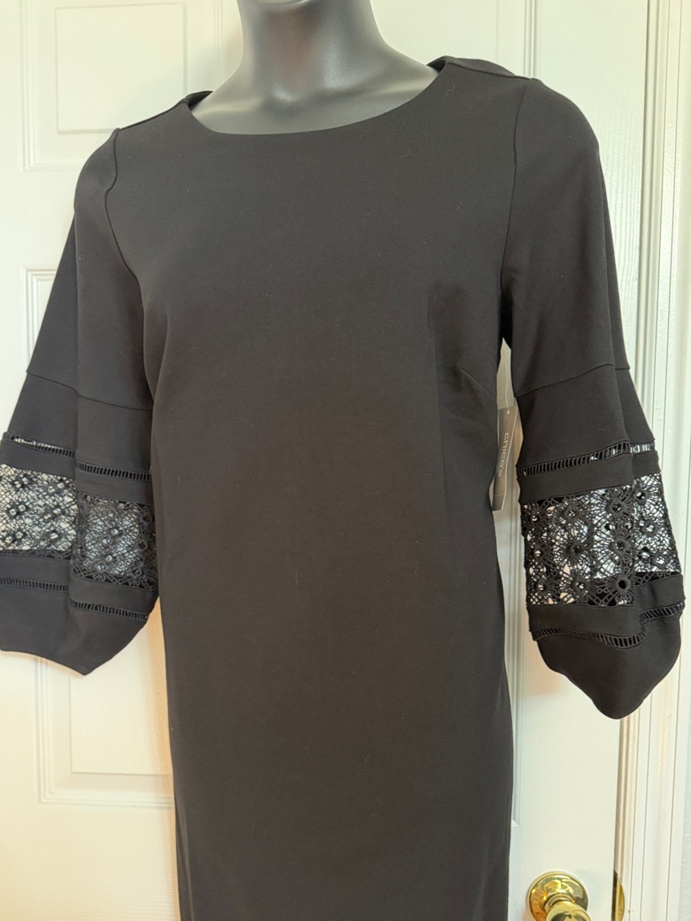 Chico's Black Ponte knit Shift Dress with Crochet Sleeve Insets